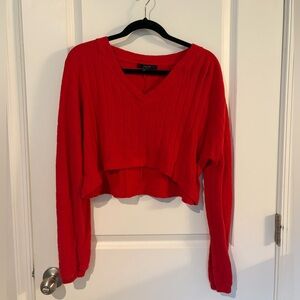 Forever 21 Red Ribbed V-Neck Cropped Sweater
